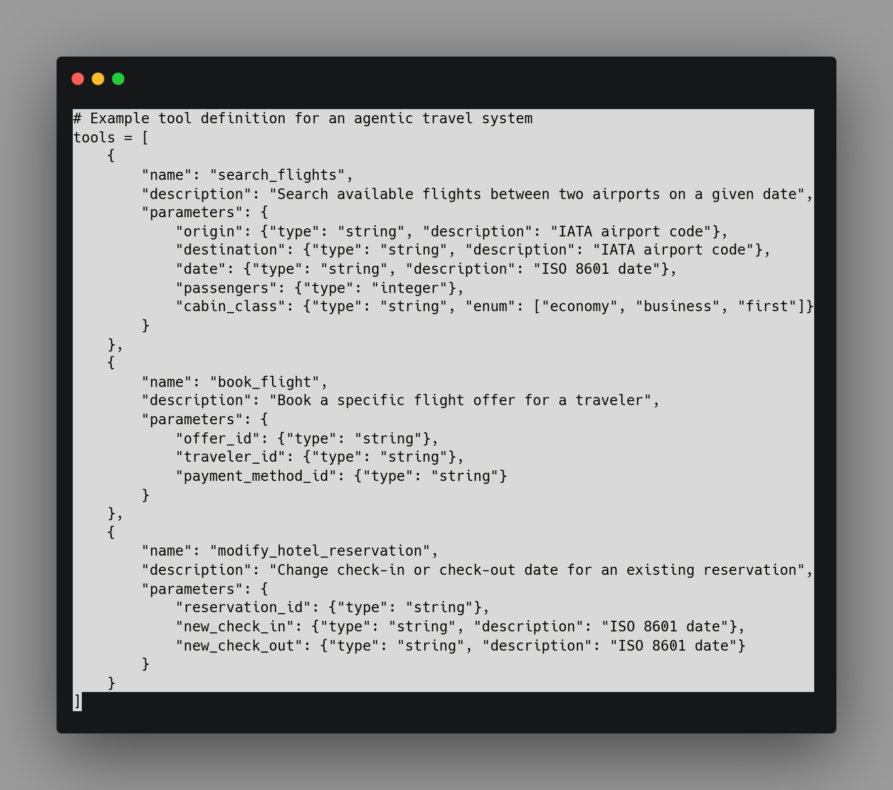 Example tool definition for an agentic travel system