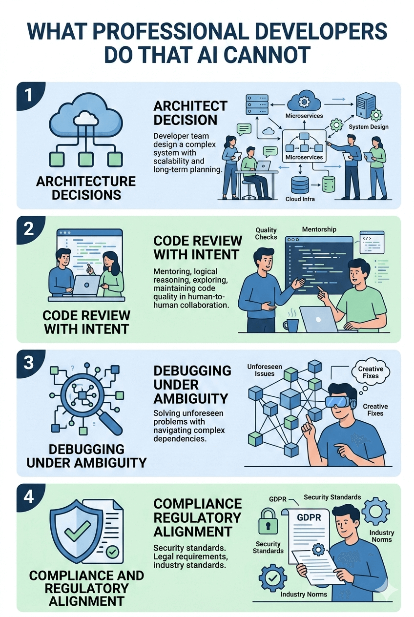 Infographic about what professional developers do that AI cannot